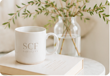 SCF Fertility mug beside flowers and a book